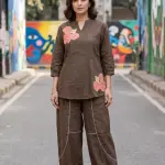 Flower Thread Work Half Ban V Notch Co-Ord Set Brown