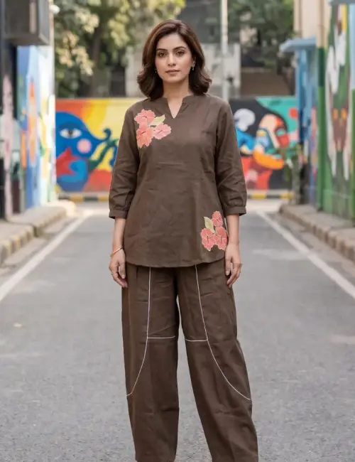 Flower Thread Work Half Ban V Notch Co-Ord Set Brown