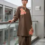 Flower Thread Work Half Ban V Notch Co-Ord Set Brown