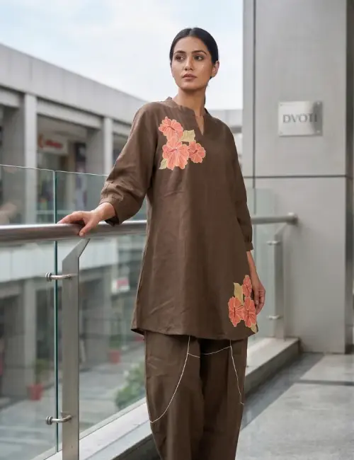 Flower Thread Work Half Ban V Notch Co-Ord Set Brown