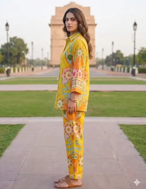 Printed Co-Ord set Collar Neck Mustard Color