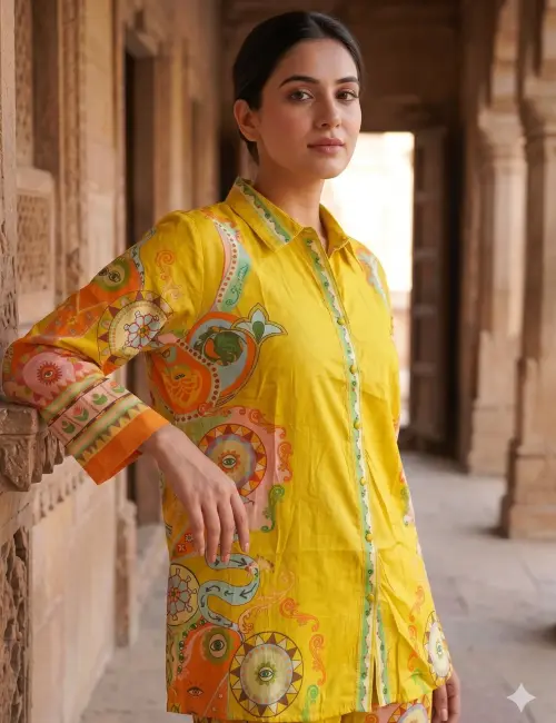 Printed Co-Ord set Collar Neck Mustard Color