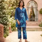 Printedfloral-Vneck-A-LINEsidePocket- Dark Blue