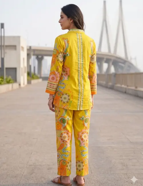 Printed Co-Ord set Collar Neck Mustard Color