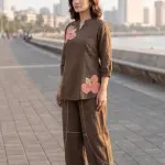 Flower Thread Work Half Ban V Notch Co-Ord Set Brown
