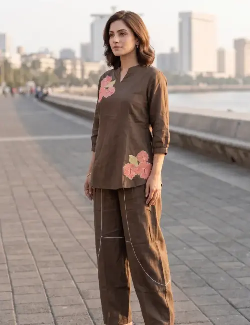 Flower Thread Work Half Ban V Notch Co-Ord Set Brown