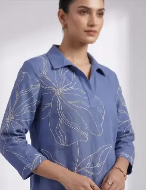 Thread work Flower motif Co-Ord Set - Blue