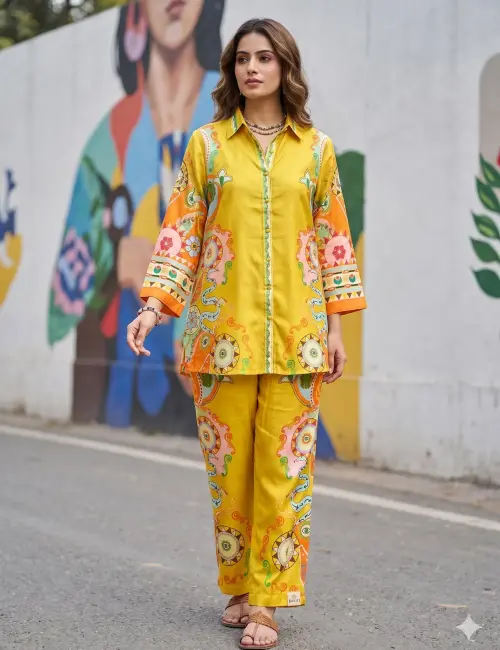 Printed Co-Ord set Collar Neck Mustard Color