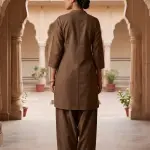 Flower Thread Work Half Ban V Notch Co-Ord Set Brown