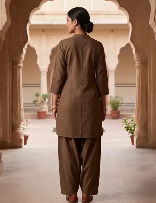 Flower Thread Work Half Ban V Notch Co-Ord Set Brown