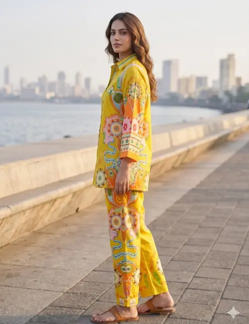 Printed Co-Ord set Collar Neck Mustard Color