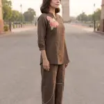 Flower Thread Work Half Ban V Notch Co-Ord Set Brown