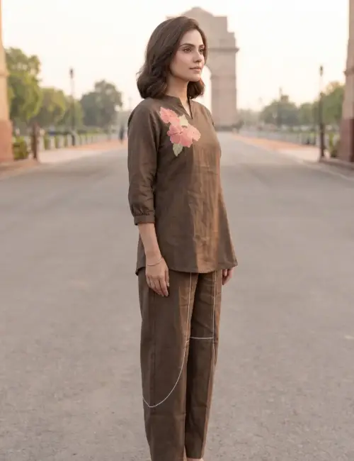 Flower Thread Work Half Ban V Notch Co-Ord Set Brown