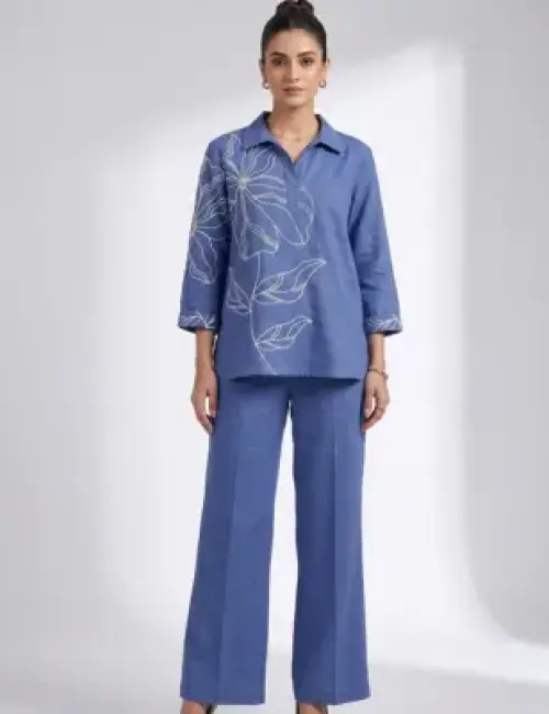 Thread work Flower motif Co-Ord Set - Blue