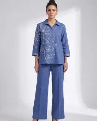 Thread work Flower motif Co-Ord Set - Blue