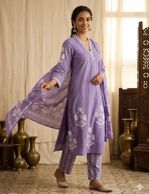 Tussar Silk & Cotton Unstitched Suit Set with Block-Printed Chevron and Floral Accents