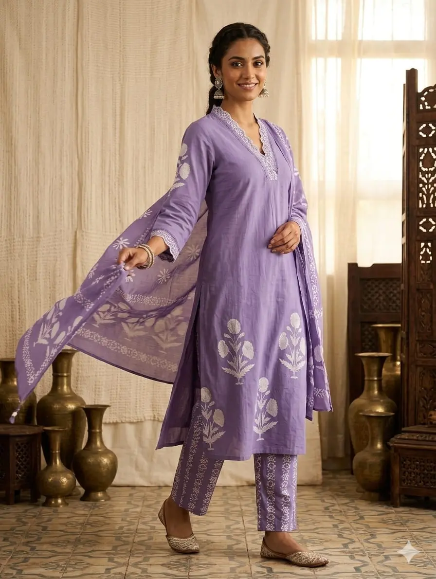 Tussar Silk & Cotton Unstitched Suit Set with Block-Printed Chevron and Floral Accents