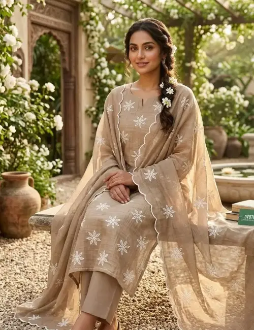Applique Thread Work Mul Chanderi Dusty Brown