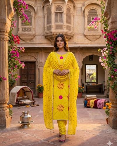 Yellow Bhandhani Cotton Suit