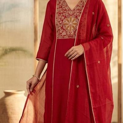 Zari Embroidered Muslin Stitch Red Suit