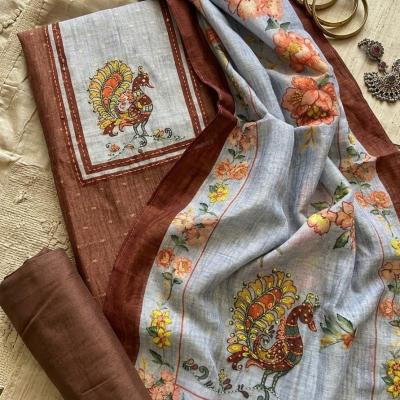 Earthy Brown Maheswari Kantha Peacock Motif Unstitch Suit