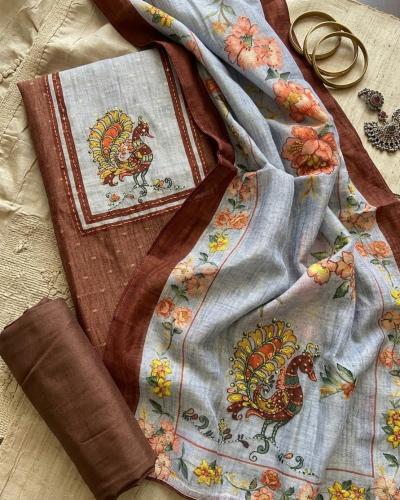 Earthy Brown Maheswari Kantha Peacock Motif Unstitch Suit